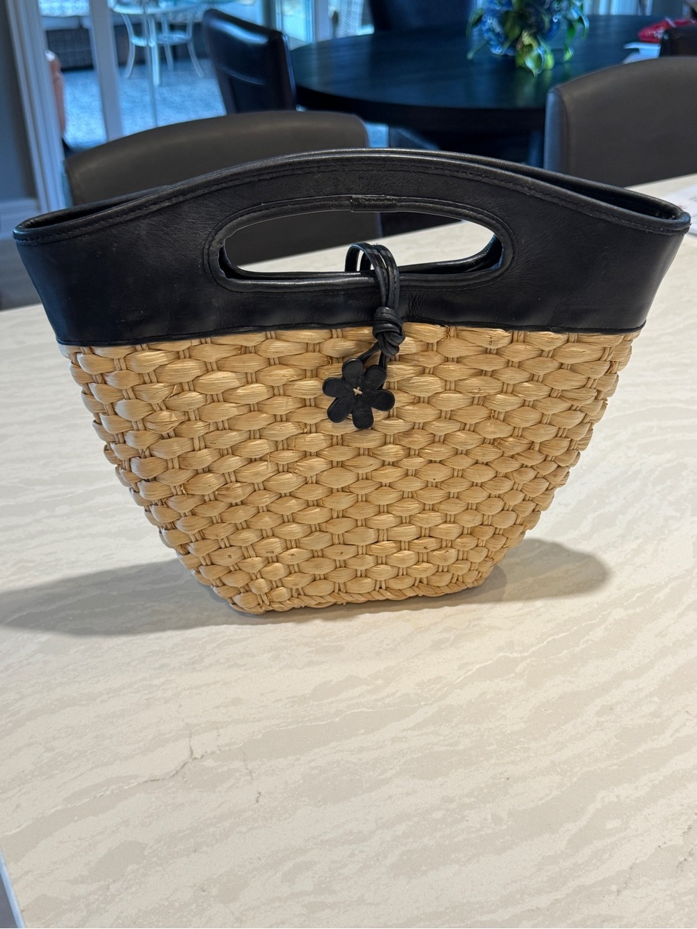 Preston & York Woven Straw Tote Black Leather Trim Summer Small Handbag